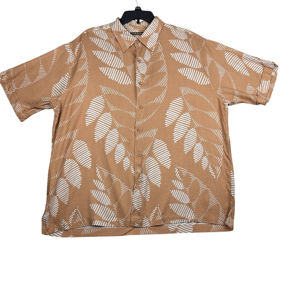 Cubavera Mens Shirt Leaf Print Orange- Brown Camp Collar Rayon Button Up‎ XL